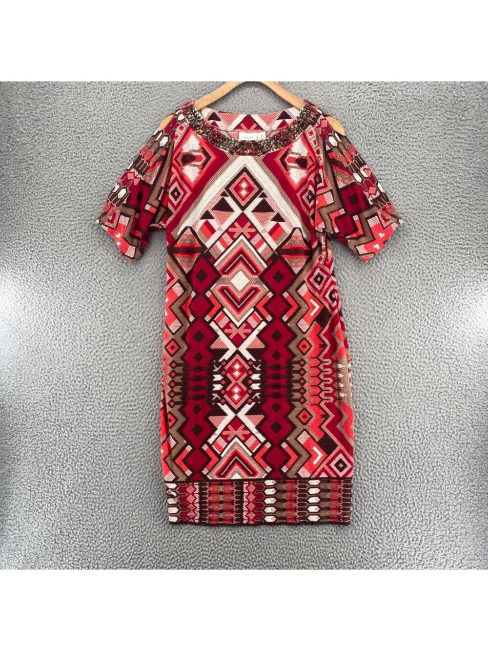 Chicos Dress Womens 1 US Medium Red Geometric Shift Slit Sleeves Beaded Sequin